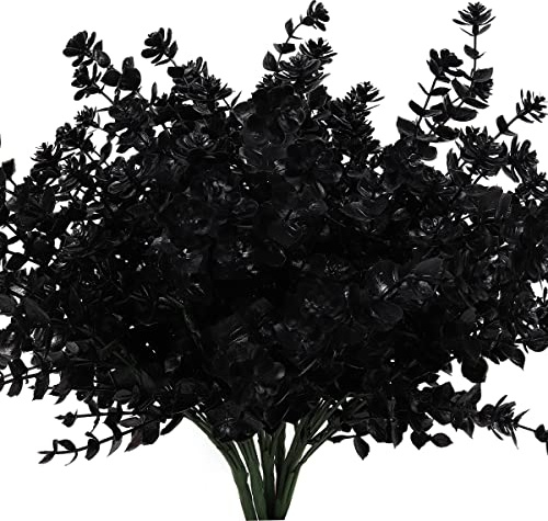 RECUTMS 8Pcs Black Artificial Plants Fake Outdoor Flower Halloween Decor | Faux Plastic Greenery Shrubs Indoor Outside Home Kitchen Office Wedding Garden Window Autumn Decoration (Black)