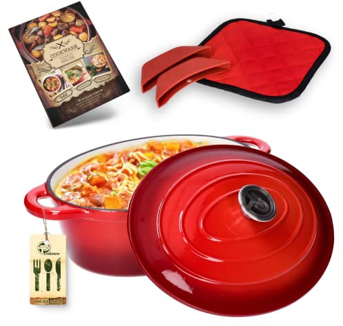 Cocotte cocotte en fonte émaillée avec couvercle anti-condensation, poignée inox 5,5L, convient à tous feux dont induction, passe au four jusqu'à 260°C y compris maniques et poignées silicone