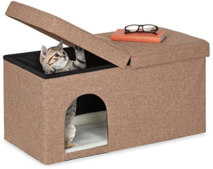 Relaxdays Casa Gato Rectangular 2en1, Cueva Gatito con Banco, Escondite Mascota Plegable, 38,5x74,5x37 cm, Marrón Claro