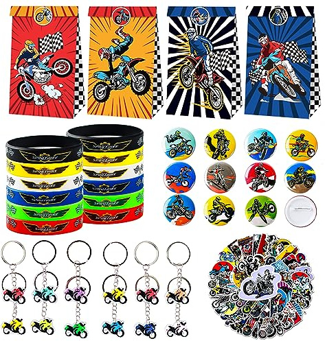 98 Pieces Motorcycle Party Bags, Dirt Bike Party Accessories, Dirt Bike Birthday Party Accessories, Motorcycle Birthday Party Bags Including Gift Bags, Bracelets, Badge, Key Ring, Sticker