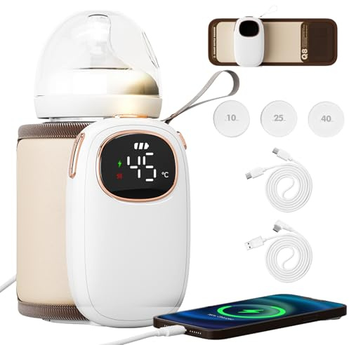 Chauffe Biberon Portable, 5000 mAh Chauffe-biberon Électrique, 6 Niveaux de Température Réglables, Sacs Isothermes pour Biberons avec Double Câble Type C, Fonction Batterie Externe et Veilleuse