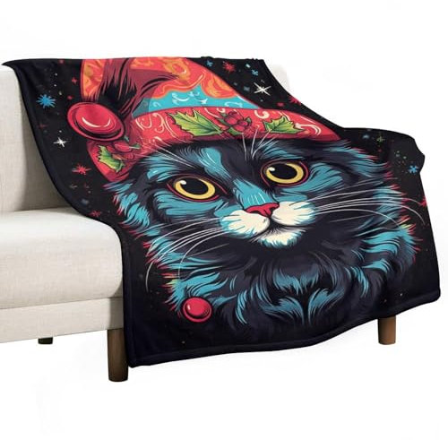 DELIBEST Weihnachtsmann-Katzendecke, Fleece-Flanell, gemütliche Überwurfdecken, atmungsaktiv, leicht, warm, Bettdecke, niedliche Katzendecke für Couch, Bett, Sofa, alle Jahreszeiten, 76,2 x 101,6 cm
