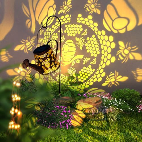 Bee Garden Ornaments outdoor Birthday Gifts for Women, Solar Watering Can with Cascading Lights，Bee Solar Lights Unique Birthday Presents for Mum, Nan, Wife, Sister