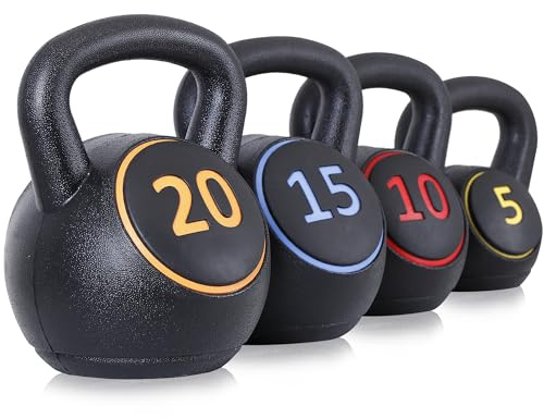 F2C Kettlebell Sets 4 Piece Strength Training KettleBells Weight Set 5lb, 10lb, 15lb, 20lb HDPE Coated Concrete Kettle bell Core Training or Women & Men for Full Body Workout & Exercise Fitness