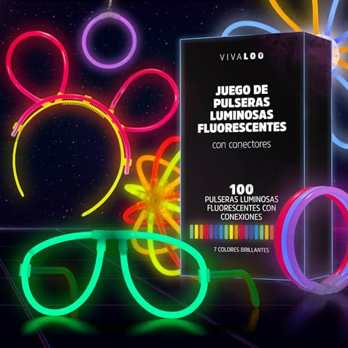 Vivaloo Set di bastoncini luminescenti: 100 pezzi + accessori | Connettori per braccialetti | Luci e decorazioni al neon | Festival Party Essentials