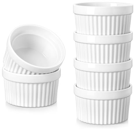 vancasso 6 oz Ramekins, Souffle Dishes Set of 6, White Porcelain Creme Brulee Ramekins, Baking Cups for Pudding, Fruits, Dips, Dishwasher and Oven Safe