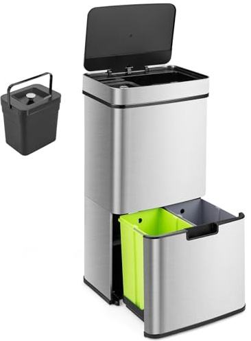DORTALA 19 Gal Kitchen Trash Can, Infrared Motion Sensor Garbage Can with 2 Recycling Dustbin, Removable Inner Buckets, Stainless Steel Frame, Trash Bin with Soft-Closing Lid, Battery Operated