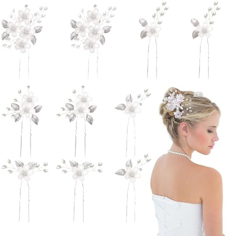 FUIPVGI Lot de 10 épingles à cheveux en forme de fleur pour mariée avec perles et perles - Accessoires pour cheveux pour femme et fille - Argenté