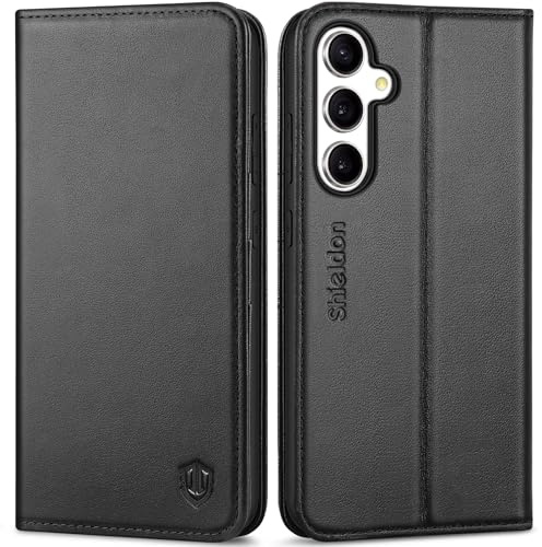 SHIELDON Genuine Leather Wallet Case for Galaxy S24 FE 5G 6.7, Black | Card Holder, Kickstand, RFID Blocking, Magnetic Closure, Shockproof Flip Phone Cover, Folio Design