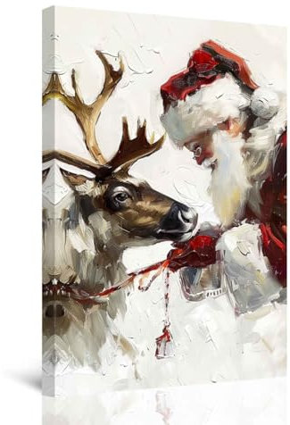 CXHOSTENT Weihnachts Leinwandbilder Weihnachtsmann mit Rentier Kunstdrucke Vintage Weihnachtsmann Gemälde Rustikale Winter Weihnachtsdekoration (Weiß, 30.00 x 45.00 cms)