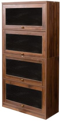 FRITHJILL 4-Tier Bookcase with Flip-Up Glass Doors, Modern Storage Cabinet for Home Office, Multi-Purpose Display Shelving Unit, Ideal for Living Room, Study, or Entryway, Walnut
