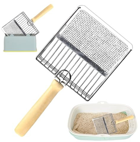 SPORWAY Katzenstreuschaufel mit Behälter: Katzenklo Schaufel Metall, Katzenstreu Schaufel mit Holzgriff, Lochabstand 7mm, Katzenschaufel für Katzenklo, für Katzenstreu Klumpstreu