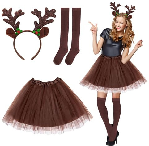 ZTBFHLZQ Damen Reh Kostüm Erwachsene, Brauner Tüllrock mit Reh Geweih Haarreif Socken, Karneval Kostüm Damen, Rentierkostüm Geweih für Fasching Karneval Cosplay Party