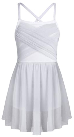 Riismen Girls Shiny Ballet Lyrical Dance Dress Spaghetti Straps Bowtie Back Leotard Mesh Dancewear White 7-8 Years