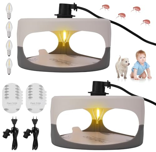 ALLOMN Trampas para pulgas para el hogar, 2 paquetes de lámparas trampas para pulgas con 10 pegatinas adhesivas para dormitorio, salón, lavadero, cocina, trampas para pulgas con 4 bombillas para