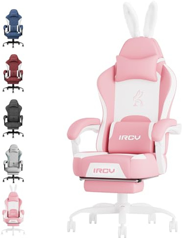 IRCV Pink Gamer Chair Gaming Chair for Adults, High Back PU Leather Kawaii Computer Office Chair with Footrest & Lumbar Support, 145° Reclining Chair, Headrest, Wide Seat, Gift, Pink-White