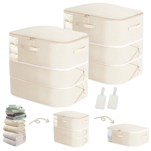 Space Saving Compression Storage Bags, 2 Pack Large Compression Packing Cubes, 3-Layer Space Saver Bags, Compress 136L to 68L for Comforters, Clothes, Pillow, Blankets, Bedding, Moving, Dorm, Beige