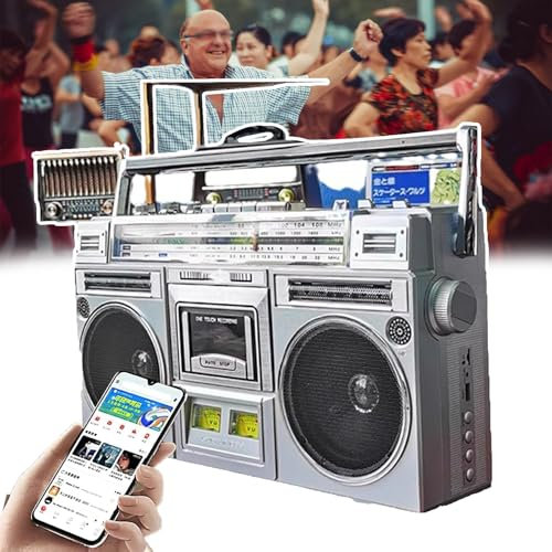 Lettore CD - Stile retrò classico anni '80, cassetta portatile/lettore/radio, distanza di trasmissione: 10 m, supporto ingresso SD/USB, con 2 altoparlanti, per riunioni di famiglia/viaggio