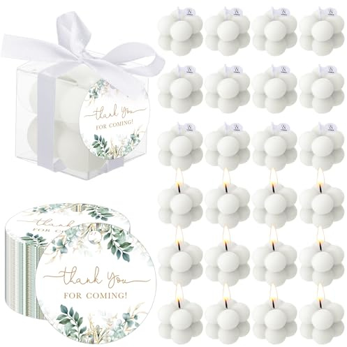 MTLEE 24 Sets Greenery Wedding Favors Party Candle Small Bubble Candle Favors for Guests Tea Candles Bulk with Stylish Ribbons Cards Gifts for Bridal Shower(White, Leaves)