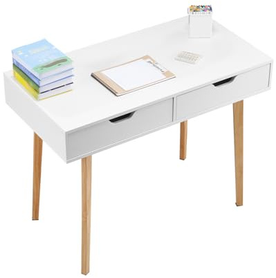 VEVOR Scrivania Piccola con 2 Cassetti, Semplice Tavolo da Studio in Legno per Disegnare, Leggere, Tavolo da Lavoro Rettangolare con Spazio di Archiviazione per Ufficio Domestico, Bianco e Legno
