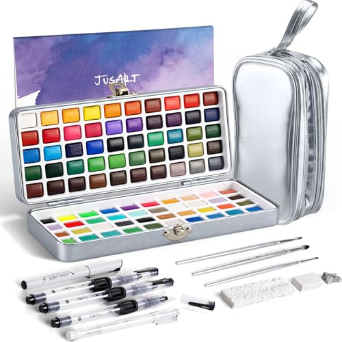 JusArt 100 Farben Aquarellfarben-Set, Reise-Aquarell-Set mit Handtasche, Künstlerbedarf mit Metallic-Farbe, Detailmalpinsel, Wasserpinselstifte, tragbares Aquarellzubehör für Künstler, Profis