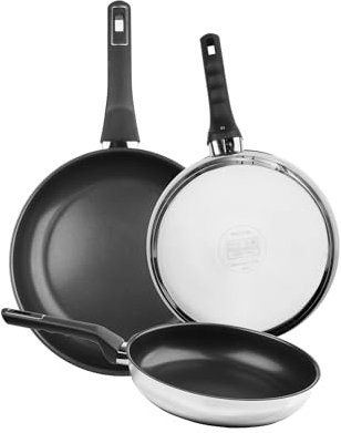 WECOOK! ETERNA - Set di 3 padelle in acciaio inox 18/10 con antiaderente quantanium, 20-24-26 cm, induzione, senza PFOA, manico ergonomico, lavabile in lavastoviglie e tutti i tipi di cucine