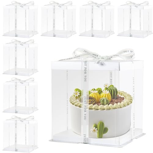 CHENZEM 8Pcs Clear Cake Box with Ribbon 2-Layer 10x10x9 Inch, Transparent Cake Carrier Box with Lids, Tall Cake Boxes, Clear Gift Boxes for Birthday Wedding Valentine'Day.(White, 10*10*9inch/8pcs)