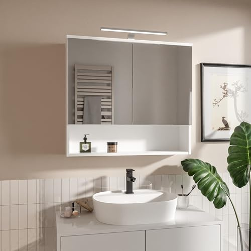 HAJDUK FURNITURE Weiß 78x70 cm Spiegelschrank Bad mit LED Beleuchtung IP44 4000K Bad Spiegelschrank mit 2 Türen und Ablage Grifflose Öffnung Hängeschrank