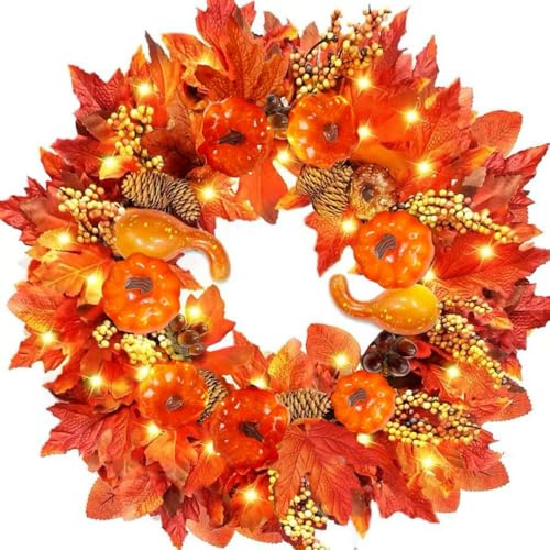 45CM Artificial Autumn Wreath with LED Light and Hanger, Fall Wreath with Maple Leaf Harvest Pumpkins Pine Cone Wreath Decorations for Halloween Wreath Outdoor for Home Bedroom Wall Party and Thanksgi