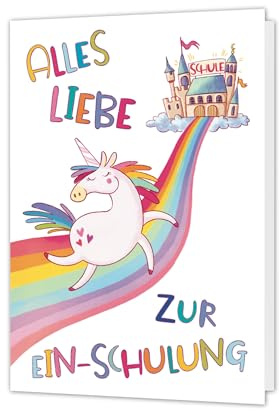 PICTALOO Karte Einschulung Einhorn, liebevoll von Hand illustriert - Glückwunschkarte Einschulung Schulanfang – Klappkarte Schulkind – Einschulungskarte inkl. Umschlag –produziert in Deutschland