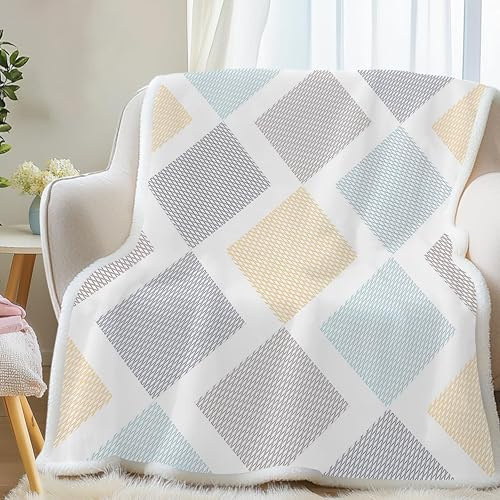 dyausi Plaid Sherpa Double Face à Motif Losange - Couverture Polaire Géométrie Patchwork - Couverture Chaude Hiver pour Lit ou Canapé - Plaid Epais et Chaud Douillette 120x200 cm G-1