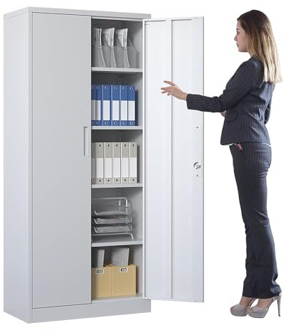 BIZOEIRON Metallschrank abschließbar, 180 x 80 x 40 cm Stahlschrank mit 4 höhenverstellbaren Einlegeböden, Mehrzweckschrank und Aufbewahrungsschrank für Garage, Werkstatt, Keller und Büro, (Weiß)