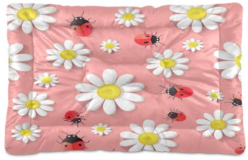 MAOBLYR Ladybugs and Daisies Dog Mat Non-Slip Crate Pad with 4cm Thick Padding Washable Pet Bed Mat for Dog Crate, Car Seat, Floor 24 x 18