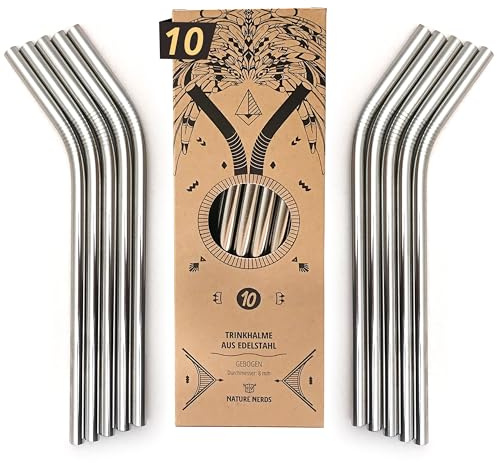 Nature Nerds - Pajitas reutilizables de acero inoxidable (10 piezas) curvas