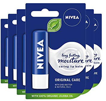 NIVEA Lip Balm Original Care Pack of 6 (6 x 4.8g) Protective Lip Moisturiser with Shea Butter and Natural Oils, Caring Lip Balm for 24h Moisture Care, Lip Care with Melt-In Formula