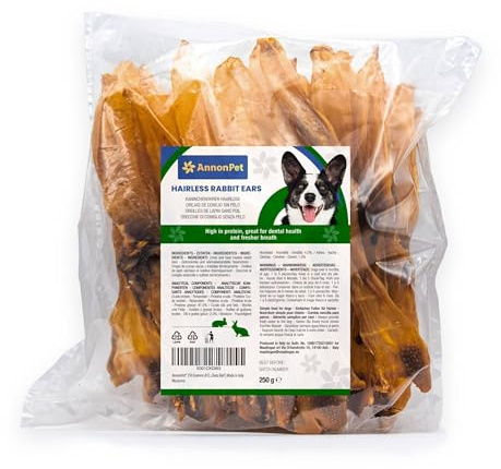 AnnonPet® 250 Gramos de Orejas de Conejo sin Pelo Naturales con bajo Contenido de Grasa. Snack Premio masticable para Perros de Todos los tamaños. Dieta Barf. Sin preservatives