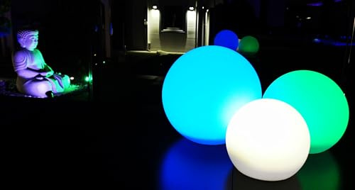 Trango 3er Set SO-00123 LED Solar Kugelleuchte IP44 Solar Leuchtstein in 20/25/30cm Durchmesser Weiß matt mit 3000K warmweiß LED & RGB Farbwechsel LED *SNOWY* Solarkugel, Außenleuchte, Gartenleuchte
