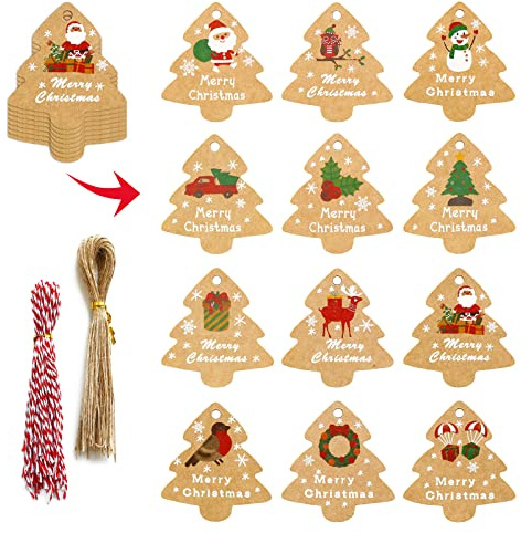 Etichette Regalo di Natale 96 Pezzi Tag Regalo di Carta Marrone Kraft Riciclabili con 2 Mazzetti di Spago Luta per Pacchi Regalo di Natalizi Fai-Da-Te Decorazioni Natalizie Addobbi l'albero di Natale
