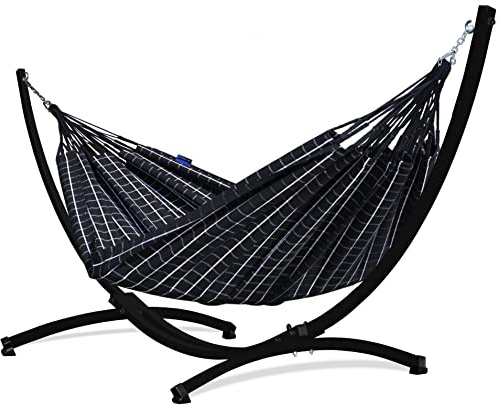 Potenza Outdoor Hängematte mit Gestell für 2 Personen I Catargo - Baumwolle Doppelhängematte XXL 220x160, 220kg I Hängemattengestell 220kg, wetterfest (Schwarz, Gestell Schwarz)