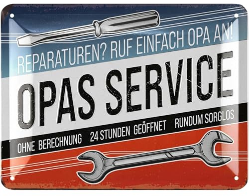 LANOLU Retro Blechschild OPAS SERVICE - Schild Werkstatt OPA - Geburtstagsgeschenk, Vatertagsgeschenk Schild für Opas - lustige retro Deko mit Spruch 15x20cm