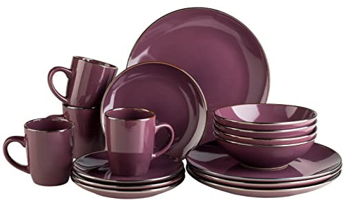 Set di stoviglie moderne per 4 persone, con bordo in ottone, servizio combinato da 16 pezzi, con forme senza bordo, viola