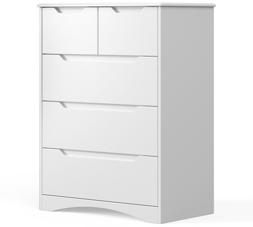 Gizoon 5 Drawers Chest, White Dresser for Bedroom with Large Storage Capacity, Chest of Drawers with Embedded Handle, Deep-Drawer Dresser for Closet with Anti-Tip Kit，for Hallway, Office, Living Room