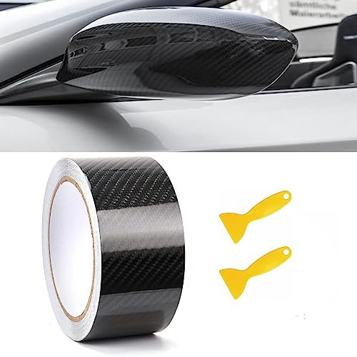 Zierleisten Folie Schwarz Glänzend，Autofolie Schwarz Glänzend, Carbon Folie Auto Außen, Carbon Folie Auto，5cmx10m, Schwarz Selbstklebend Autofolie, mit Zwei Autofolienwerkzeugen