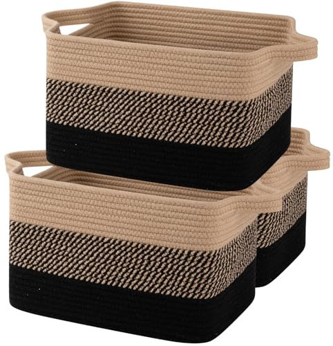 OIAHOMY Storage Basket, Woven Baskets for Storage, Cotton Rope Basket for toys,Towel Baskets for Bathroom - Pack of 3, Black & Brown