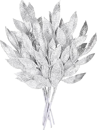 Sea Team 6-Pack Artificial Glitter Leaf Ornaments, Decorative Sticks, Glittery Twigs, Stems, Picks, Branches for Christmas Tree, Wreath, Vase Fillers for Centerpieces, Home Décor, Silver