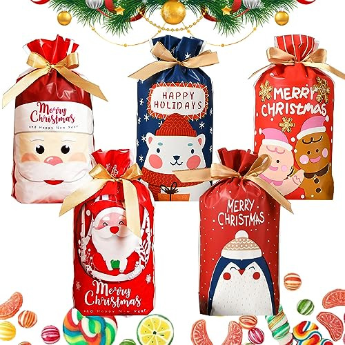 50 Stück Weihnachtsbonbontüte, Geschenkbeutel Mit Kordelzug, Süßigkeiten- Und Kekstüten, Partytüten (Weihnachten A)
