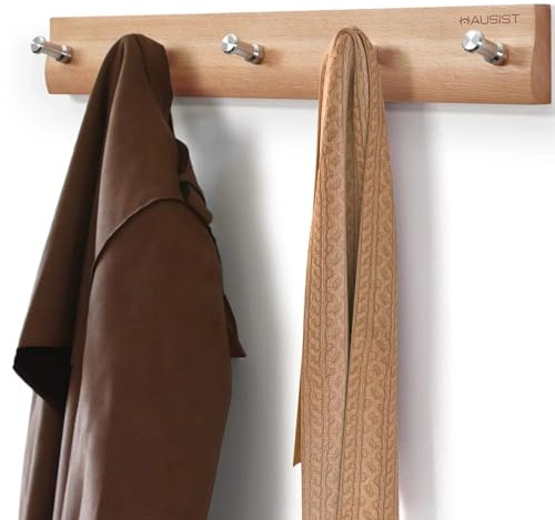 HAUSIST 16.9Inch Wall Coat Rack with 5 CNC Stainless Hooks - Solid Beech Wood Hangers - Farmhouse Entryway Organizer for Hat, Scarf, Towel - Space-Saving Decor for Bathroom, Bedroom, Closet, Kitchen