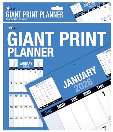 Calendario de pared 2026 con impresión gigante con vista mensual, planificador encuadernado en espiral azul y blanco, texto extragrande, incluye días festivos y fechas notables, para el hogar, oficina