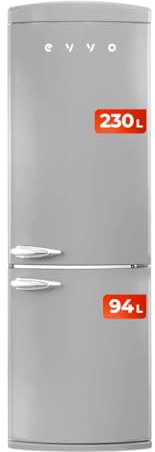 EVVO Frigorífico combi, Diseño Retro, No Frost, Capacidad Frigorífico 230L y Congelador 94L, Libre de Gas CFC, Refrigeración Turbo Fan, Crisper Zone, Control manual (F60 Retro Color Gris)