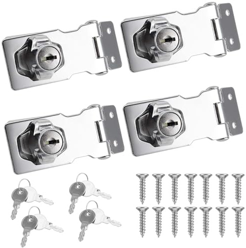 SINJEUN 4 Pack 2.5 Inch Keyed Hasp Lock and Staple, Padlock Shed Lock Door Lock Hasp Silver Twist Knob Lock, Heavy Duty Metal Lock Hasp for Cupboard, Doors, Windows